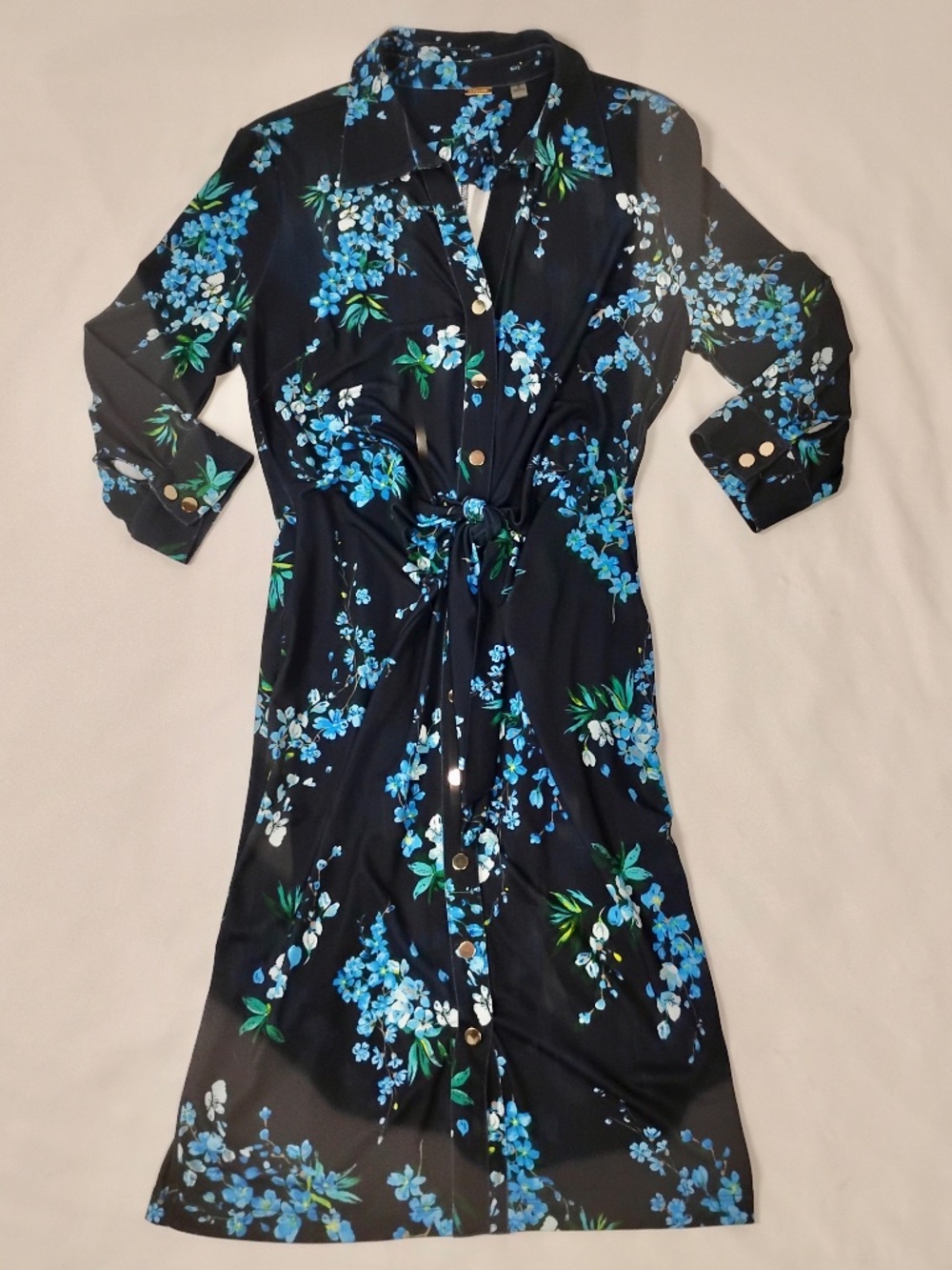 NWOT Tahari Blue Floral Modern Collared Shirtdress with Waist Tie Size 8